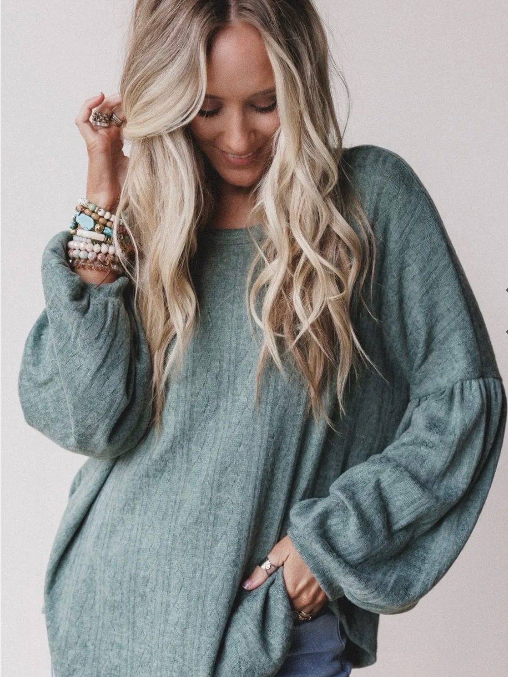 Three Bird Nest “The Nest Sweet Heart Balloon Sleeve Knit Sweater” Sage Green